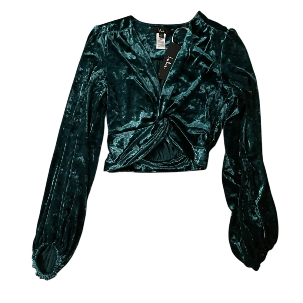 Lulus Emerald Green Crushed Velvet Twist-Front Long Sleeve Crop Top NWT Size S - Picture 2 of 12